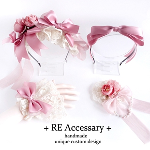 RE洛丽塔发饰ins烟粉色蝴蝶结KC发箍手袖发卡 梦幻华丽lo头饰套装