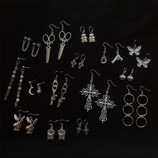 Y2K十字架耳环无耳洞耳夹ins辣妹金属耳环哥特暗黑耳饰