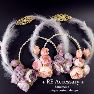 lolita圣母双层光环花朵发冠 汉服头饰羽毛发箍古典头冠汉洋折衷