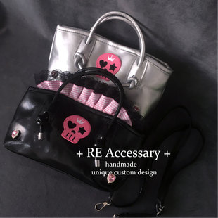 RE原创自制亚文化黑粉银手提包y2k骷髅蕾丝单肩包
