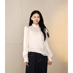 新中式立领衬衫女长袖白色淑女风上衣蒙古风民族风国风宽松打底衫