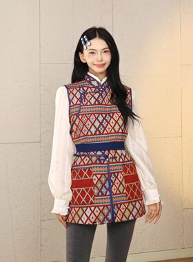 复古新中式立领格子马甲女民族风