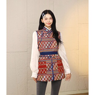 民族风复古马甲女蒙古族休闲时尚国风格子马夹新中式文艺无袖立领