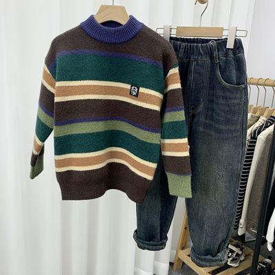 卡芙恰恰童装儿童彩条绵羊绒混纺针织毛衣24冬新男童保暖毛衫6223