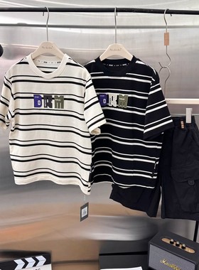 牛哆哆2025夏季新品洋气英伦风中大童男女童条纹短袖T恤纯棉39020