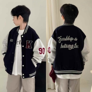 大E小e童装秋新款男女童美式刺绣棒球服儿童双层长袖外套3756