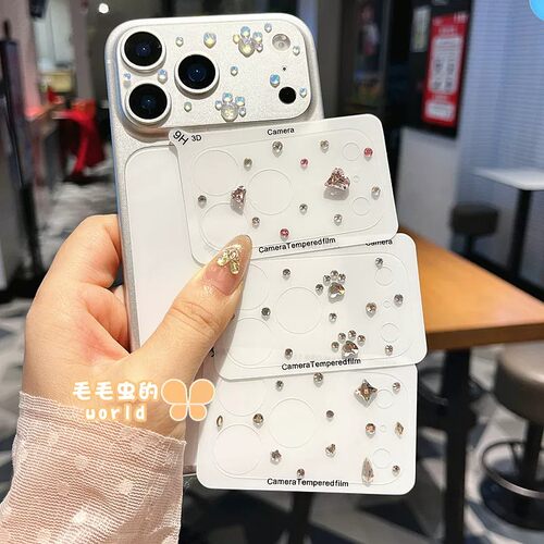 ins立体水钻波点镜头膜适用iPhone17pro卡通蝴蝶结苹果17/18promax凯蒂猫静电吸附贴镂空超薄磨砂底座软膜女
