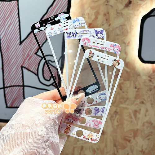 可爱玉桂狗适用苹果4/5/6/6s/7/8卡通钢化玻璃贴大耳狗膜新款iPhone7/8plus全屏彩色手机彩膜SE2/3星星人