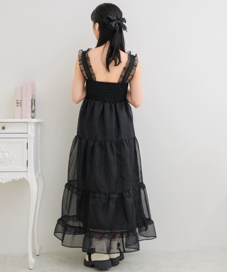 出口日本原单EM&S黑色甜心4月新品波点褶边吊带连衣裙