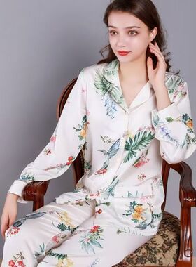 真丝睡衣夏季女装桑蚕丝睡衣女短袖薄款春秋大码长袖套装家居服