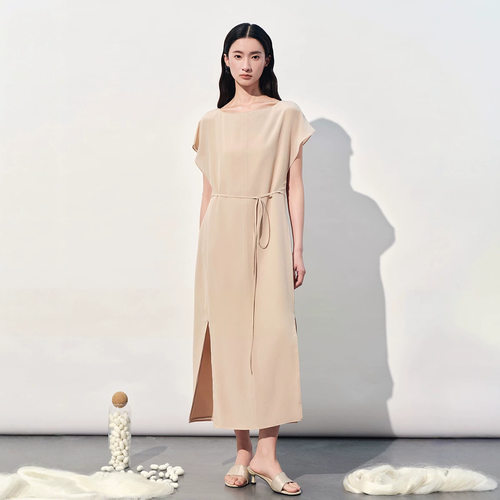 桑蚕丝连衣裙女夏季 真丝宽松直筒裙 简约系带气质显瘦开叉长裙