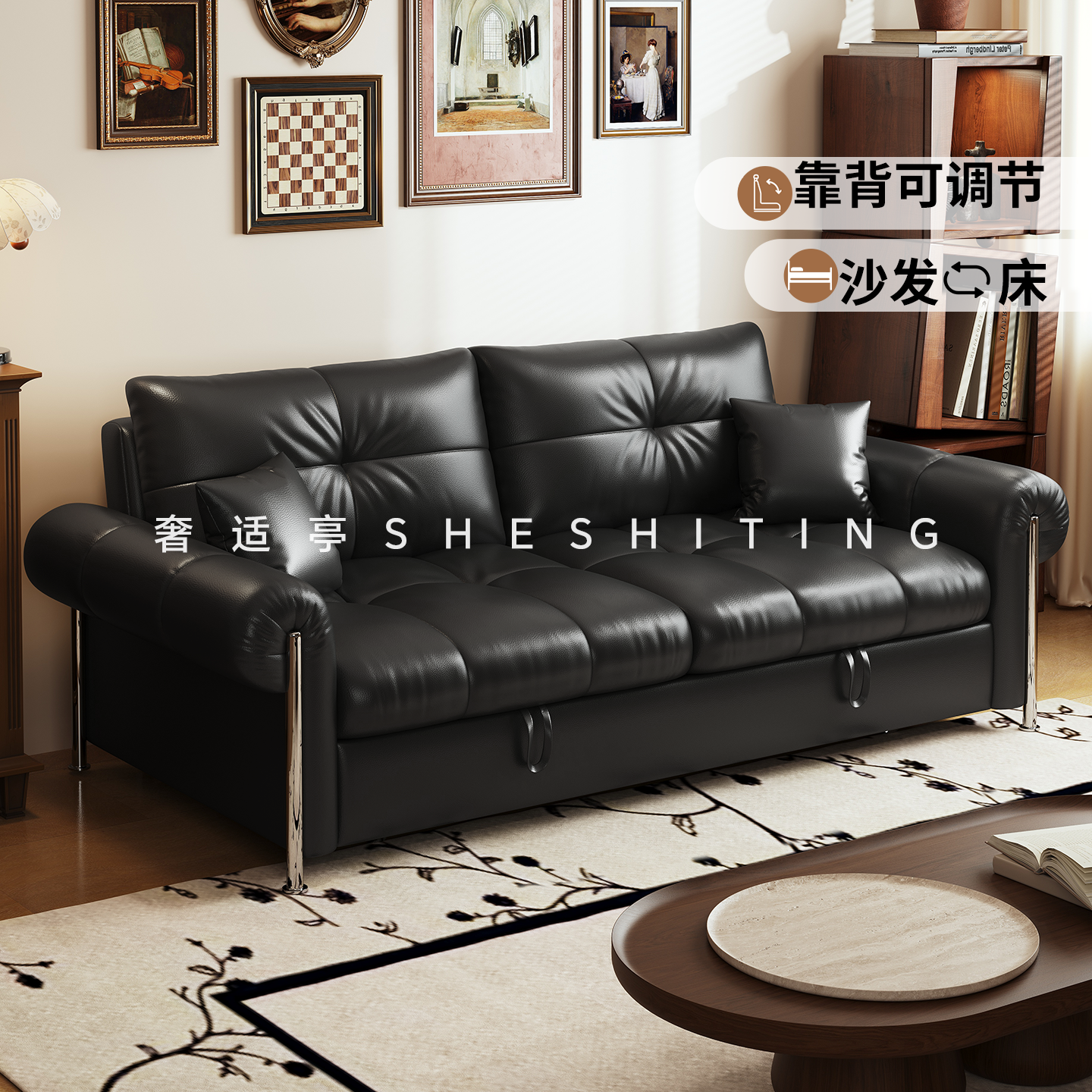 中古风真皮沙发床可折叠一体两用