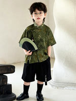 New Chinese-style Tang suit for boys, summer thin stand-up collar button-up shirt, bamboo leaf traditional Chinese style shirt, performance costume, evening dress set thumbnail 7