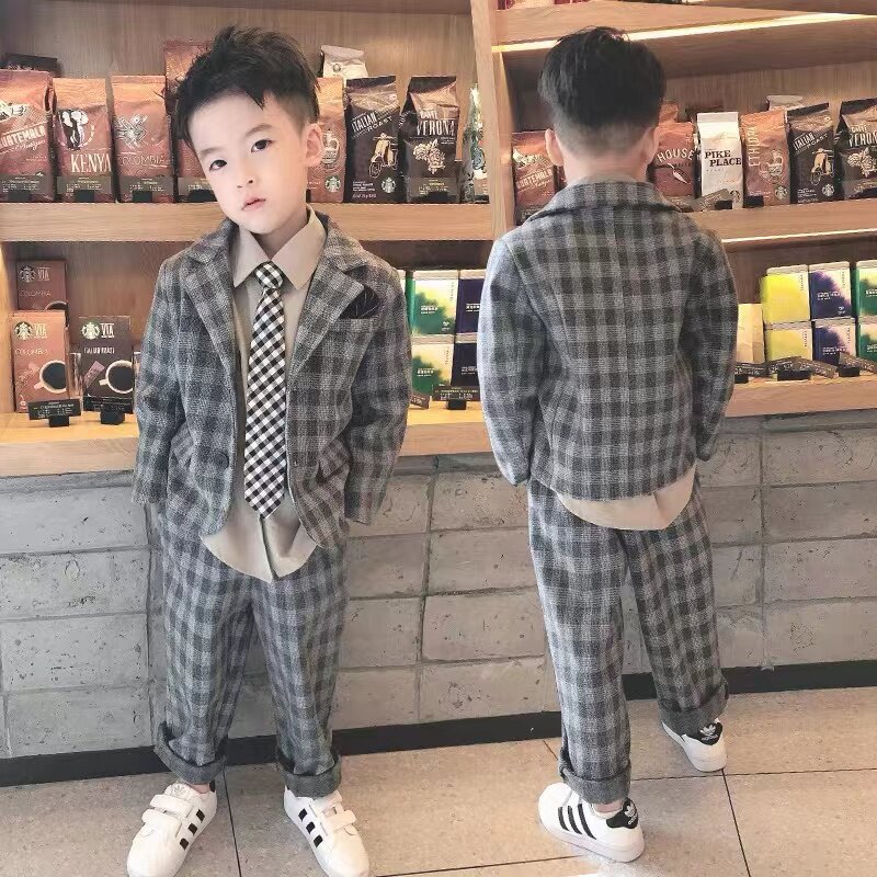 가을 겨울 아동 의류 한국 스타일 소년 모직 정장 아동 격자 무늬 캐주얼 두꺼운 작은 정장 재킷