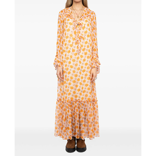 26春夏新款ZV度假花色长袖连衣裙女加长版荷叶边领系带裙摆高个子