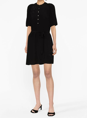 25春夏新款ZV镶钻黑色连衣裙短款半袖收腰显瘦圆领粘垂坠通勤优雅