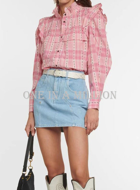 25春新款IS粉红色格子衬衫女长袖纯棉荷叶边宽松法式甜美百搭罩衫