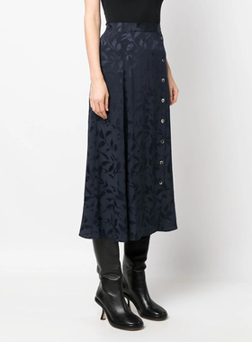 25春夏新款ZV真丝提花半身裙女长款深蓝色纽扣松紧腰A字法式通勤