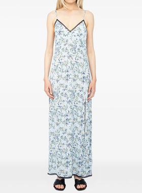 25夏新款ZV蓝色印花吊带连衣裙女粘纤蕾丝拼接高个子加长法式性感