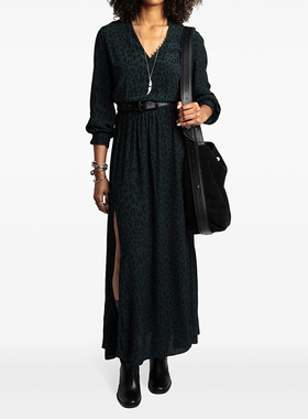 2025秋冬新款ZV绿色豹纹长袖连衣裙女收腰V领加长高个子法式开叉