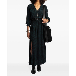 2025秋冬新款ZV绿色豹纹长袖连衣裙女收腰V领加长高个子法式开叉