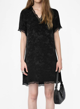 26春夏新款ZV法式黑色真丝连衣裙女V领马年提花限定短袖腰带中长