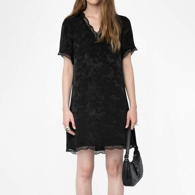 法式提花真丝黑色V领短袖连衣裙