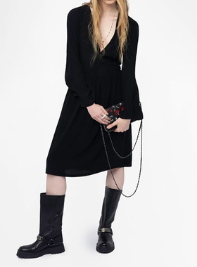 25秋新款ZV黑色长袖连衣裙女粘纤中长喇叭袖V领宽松法式优雅