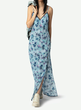 25夏新款ZV蓝色棕榈印花吊带连衣裙女V领蕾丝边开叉中长法式性感