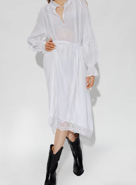 25春夏新款ZV连衣裙女V领长袖白色蕾丝镂空法式仙气收腰系带中长