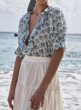 25夏新款法式甜美蓝色碎花衬衫女短袖纯棉荷叶边浪漫泡泡袖收腰