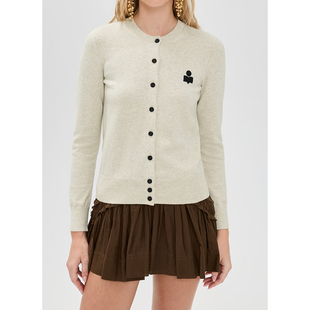 2025秋新款IS绵羊毛针织开衫女圆领刺绣合身枣红驼色经典百搭纯元