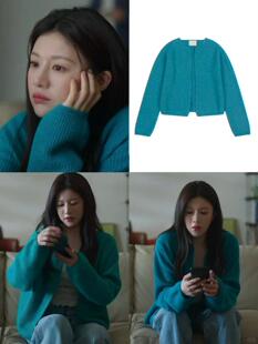 爱情怎么翻译高允真同款韩系慵懒风蓝绿色针织开衫短款毛衣外套女