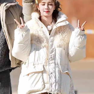 奔跑吧白鹿同款拼接羊羔毛白色立领加厚羽绒服女2025冬季新款外套