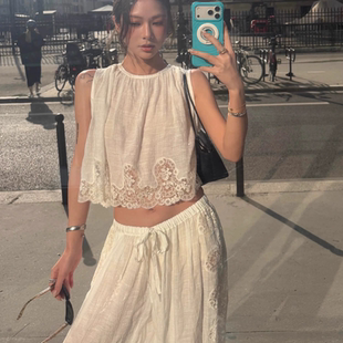 束脚灯笼裤 NANA同款 蕾丝镂空纹理花边下摆背心 白色无袖 SAND法式
