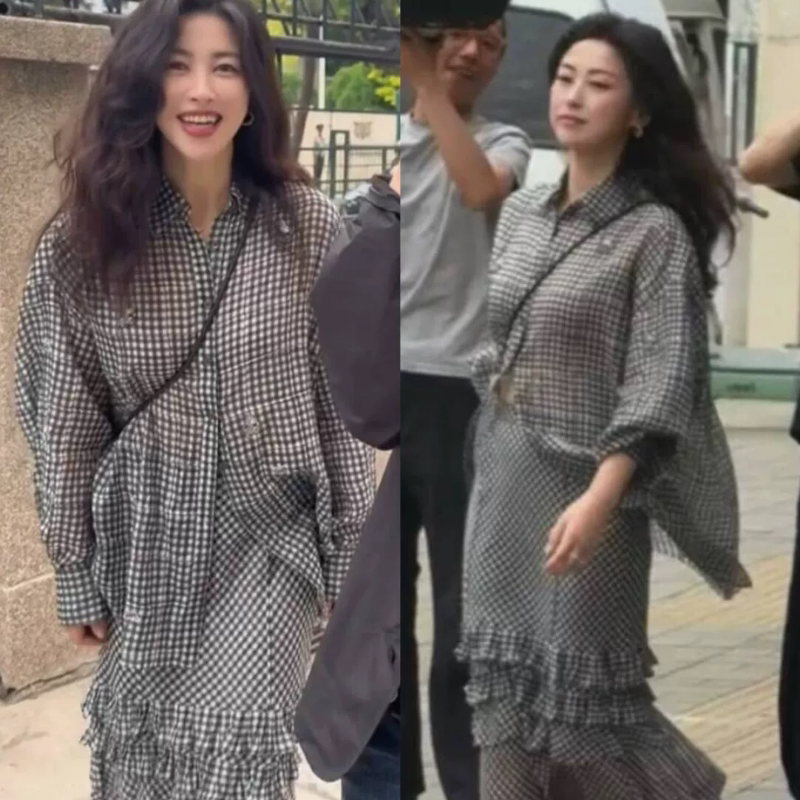 朱珠同款黑白千鸟格子衬衫蛋糕半裙深圳南油高端货松弛感廓系套装