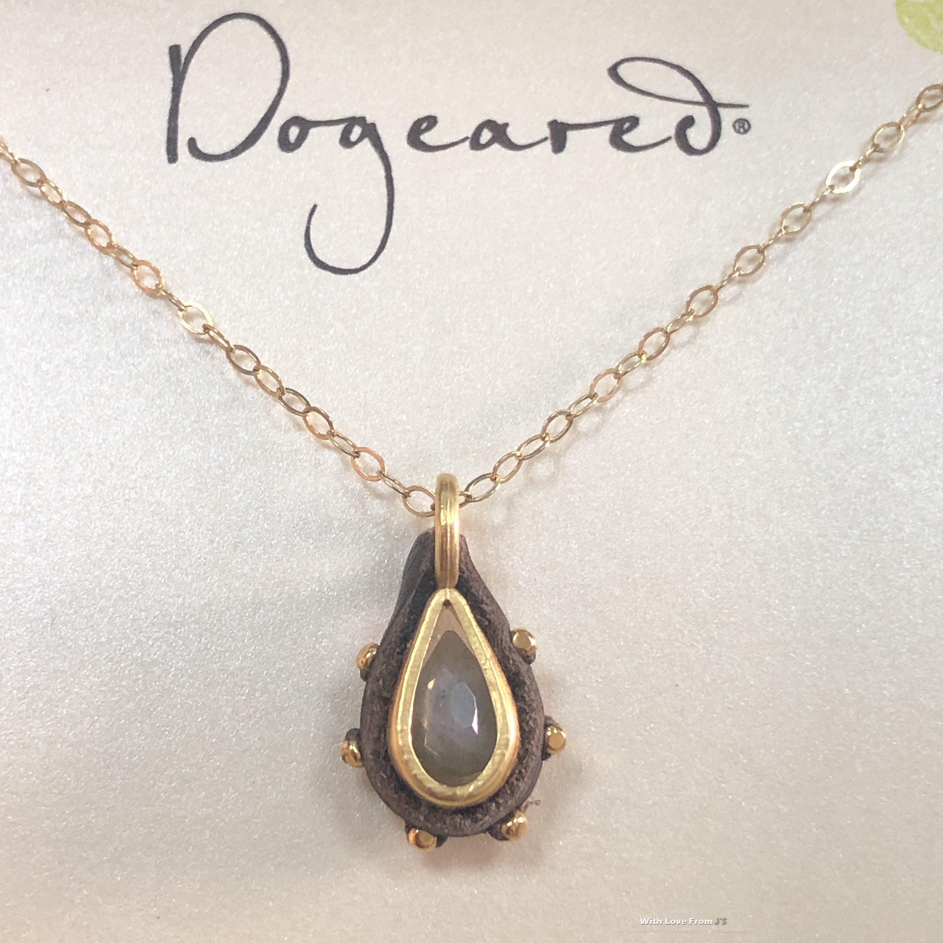 摩登复古※皮革包裹金色边框拉长石水滴镀金项链 Dogeared正品