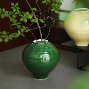陶瓷大花瓶花器花插 碧绿大月亮罐 家居摆件空间陈设 娇黄 雅辑