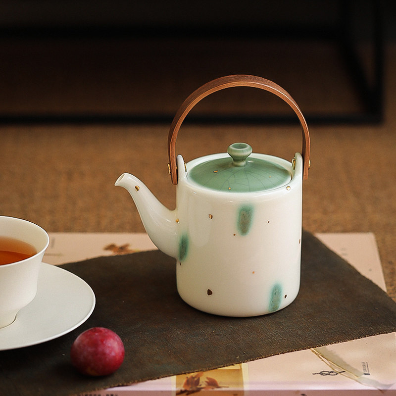 雅辑 绿荫。手绘提梁壶 功夫茶具 日用茶壶 高温陶瓷手工球孔