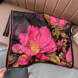 秋冬仿羊绒百搭御寒围脖女时尚优雅大花朵拉毛围巾加厚保暖大披肩