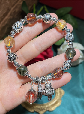 店主设计原矿彩发晶手串925银流苏招财猫复古串珠饰品货源