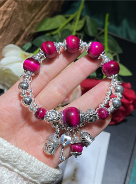 复古银饰玫红虎眼铃铛佛头流苏手链diy个性设计感水晶饰品手链女