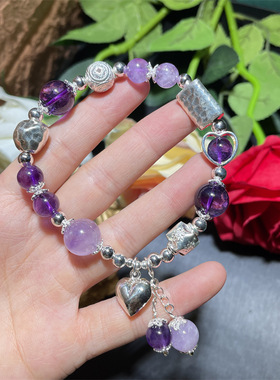 原创设计diy串珠饰品925银饰薰衣草紫水晶流苏爱心手链饰品女百搭