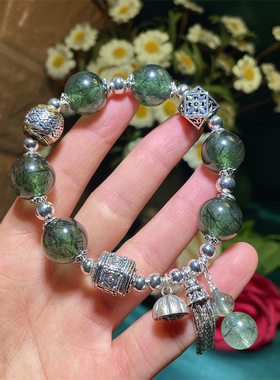 复古银饰绿发晶手串925银莲蓬流苏手链 diy饰品一手货源饰品