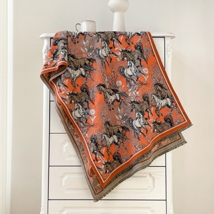 民族风气质印花百搭加厚保暖围脖双面仿羊绒两用披肩万马奔腾围巾