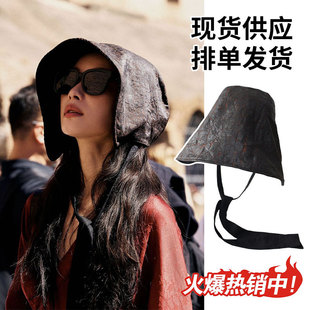 香云纱帽子飘带渔夫帽女款黑色大檐帽新款防紫外线防晒透气遮阳帽