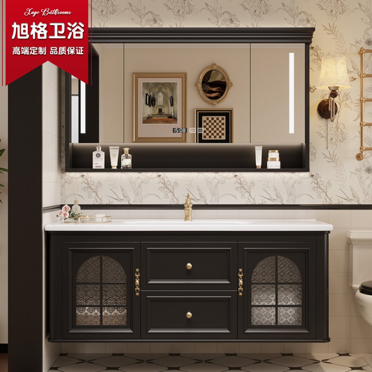 法式复古风浴室柜组合美式卫生间洗漱台陶瓷一体盆洗手脸盆智能镜