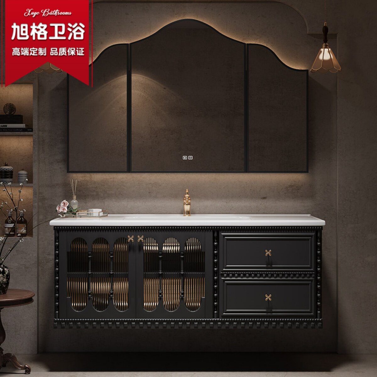 法式复古橡木浴室柜组合卫生间陶瓷一体盆洗漱台洗手洗脸盆柜定制