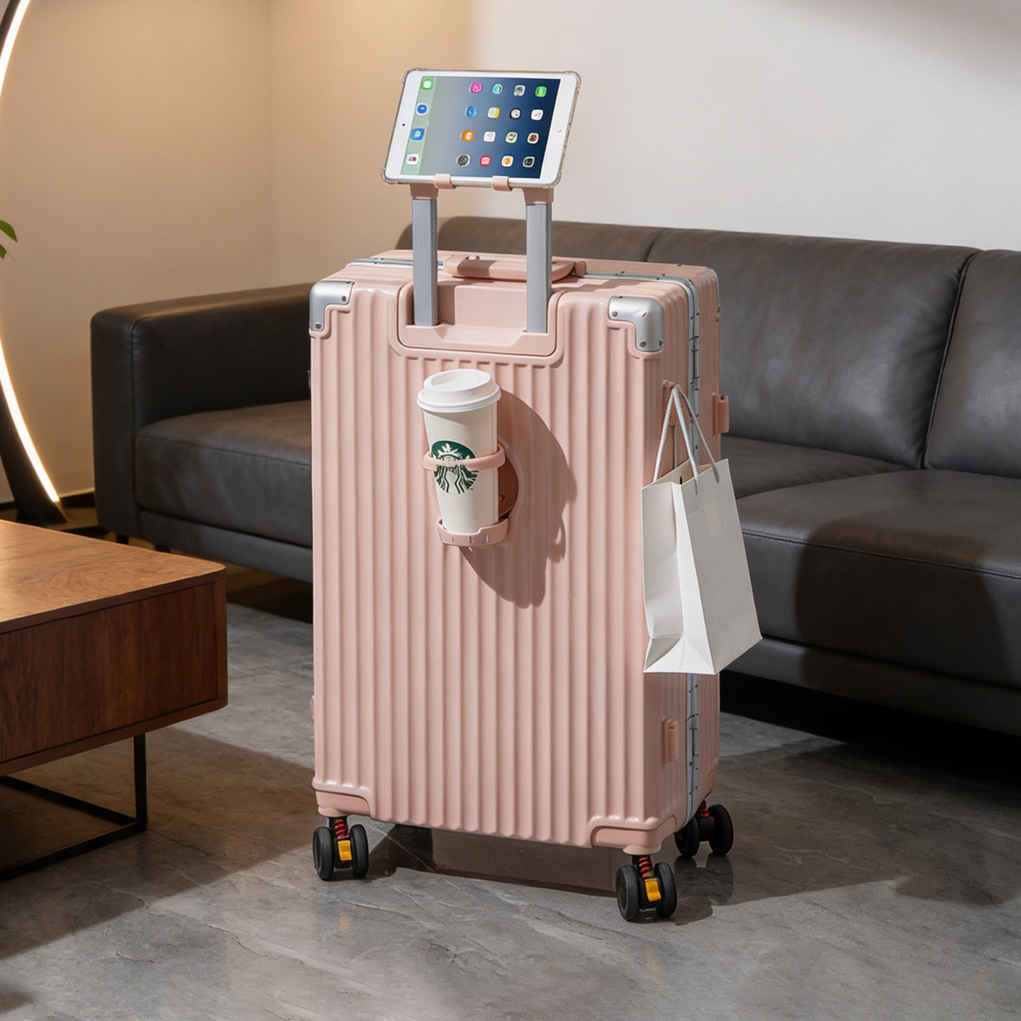 袋鼠耐用型行李箱20寸女高颜值pc材质铝框款粉色登机拉杆密码箱22