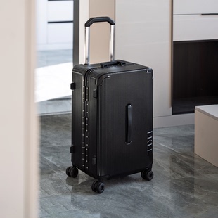 袋鼠黑色行李箱20寸可带上飞机男士商务登机结实耐用铝框款皮箱子